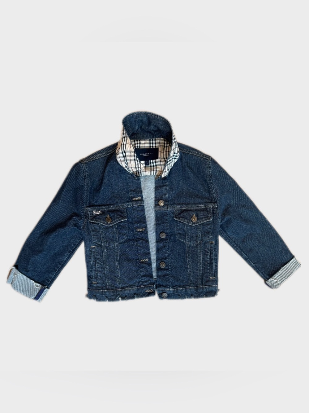 Burberry London Denim Jacket Plaid Collar Blue Size 2 Made in Italy 🇮🇹